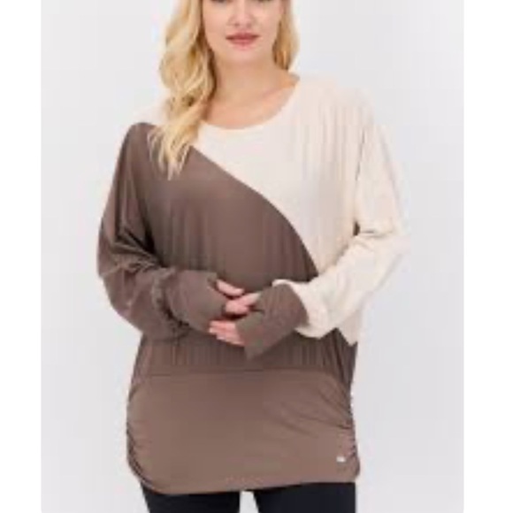 Tahari Sports Women Sportswear Fit Long Sleeve Two Tone Top, Brown Large - Picture 7 of 8